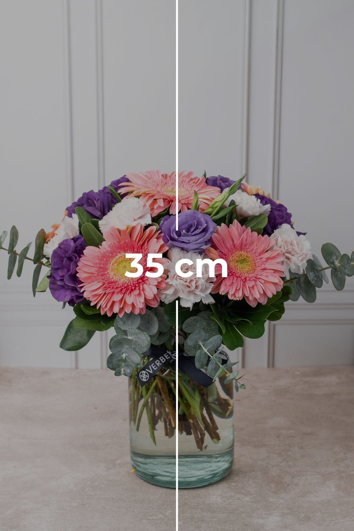 Coral / Gerbera Rosa, Lisianthus Morado y Clavel Rosa