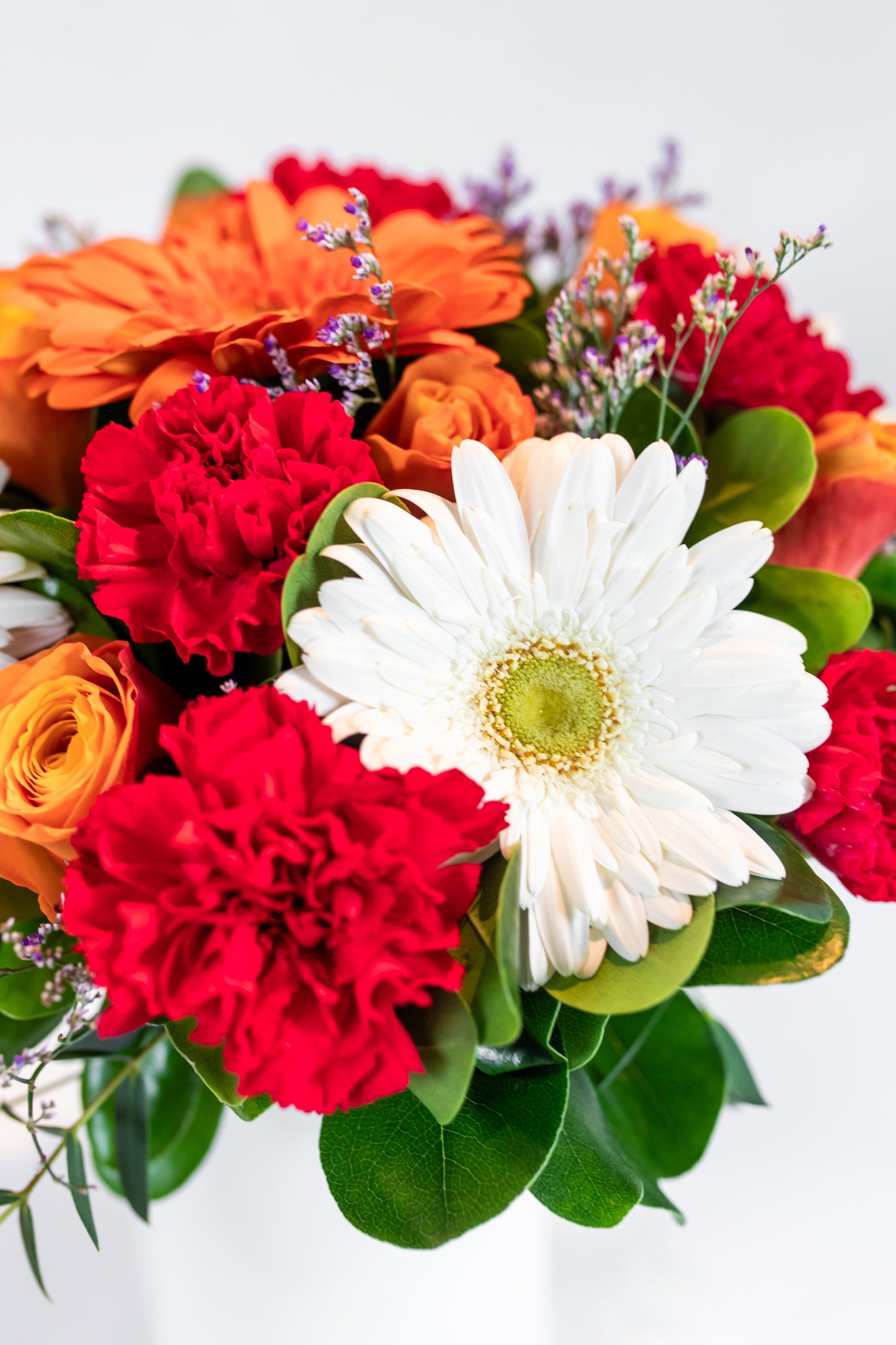 Mandarina - Gerbera Blanca, Naranja, Rosa Naranja y Clavel Rojo