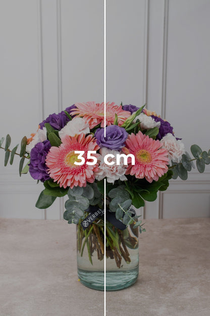 Coral / Gerbera Rosa, Lisianthus Morado y Clavel Rosa