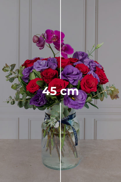 Mora Roja / Rosa Roja, Lisianthus Morado y Orquídea