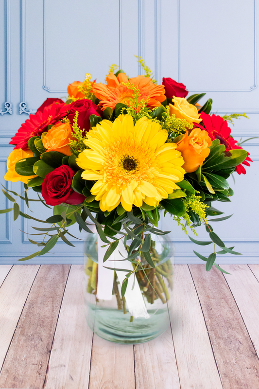 Rumba - Gerbera Amarilla, Rosa Roja y Naranja