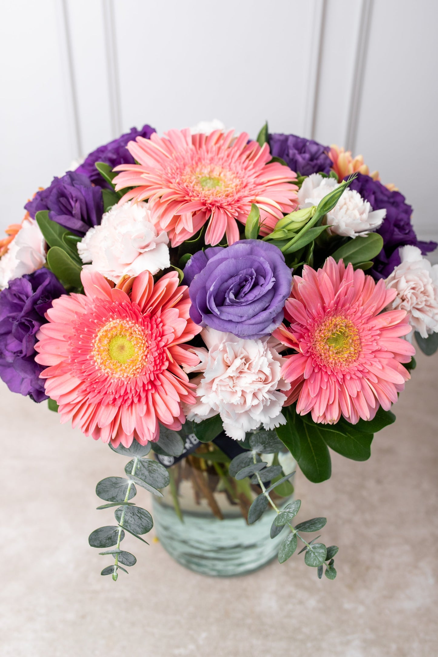 Coral - Gerbera Rosa, Lisianthus Morado y Clavel Rosa (PEREIRA)